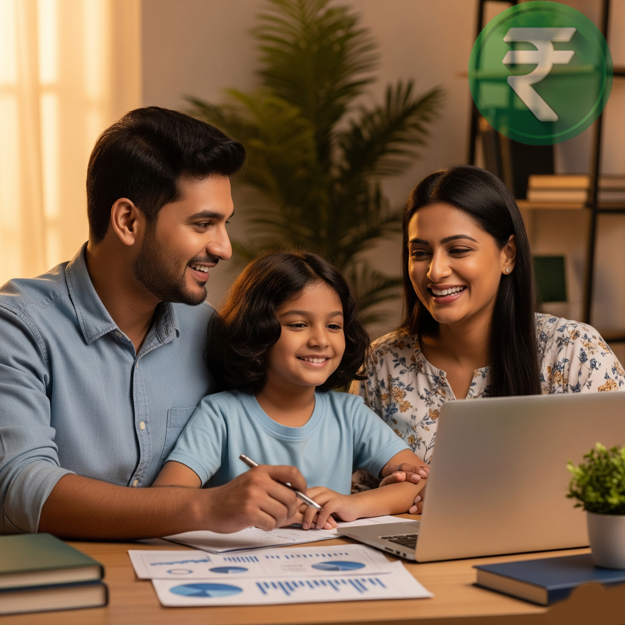 Indian family works on a laptop