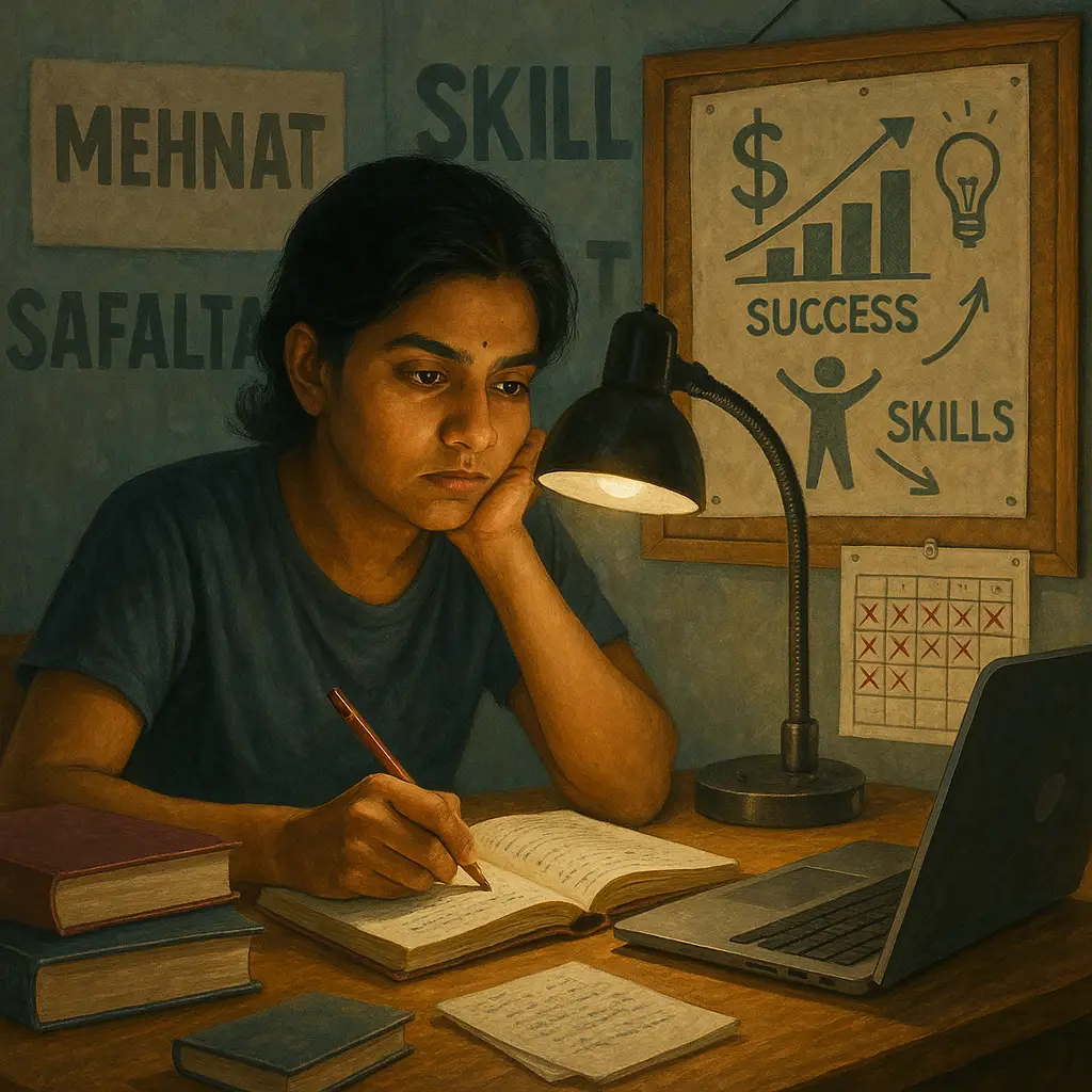 Young girl studies how to be rich