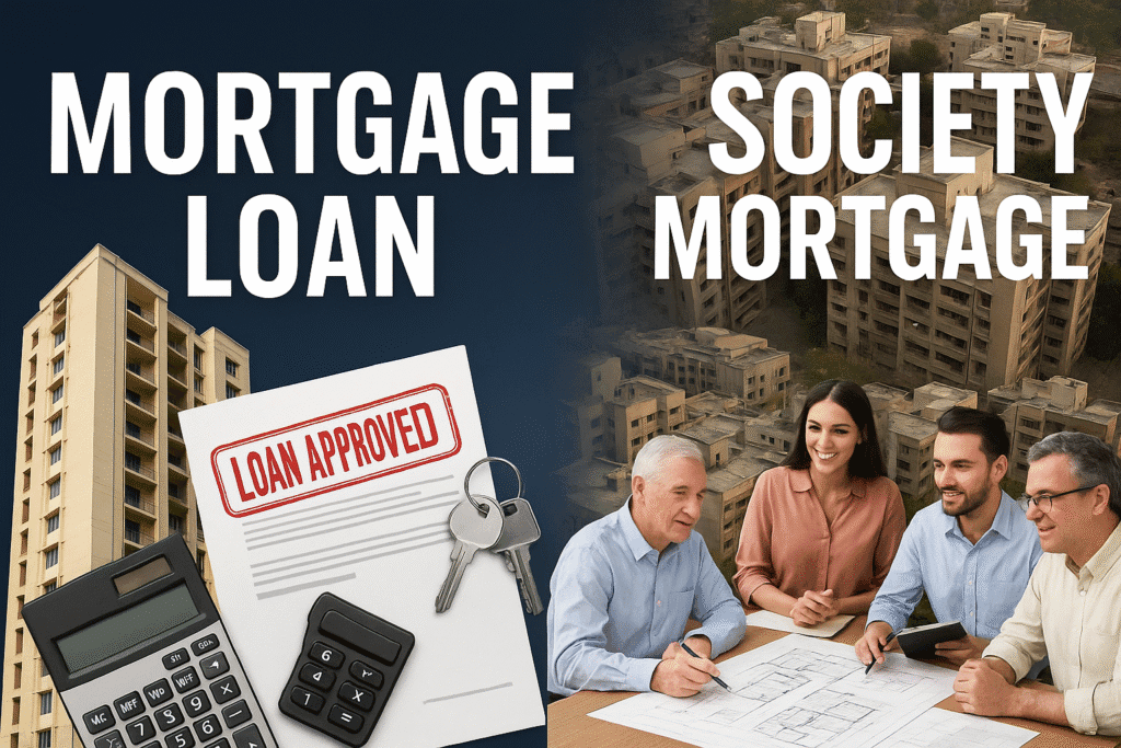 2025 mortgage loan vs society mortgage guide visual with calculator, house keys, and real estate forms