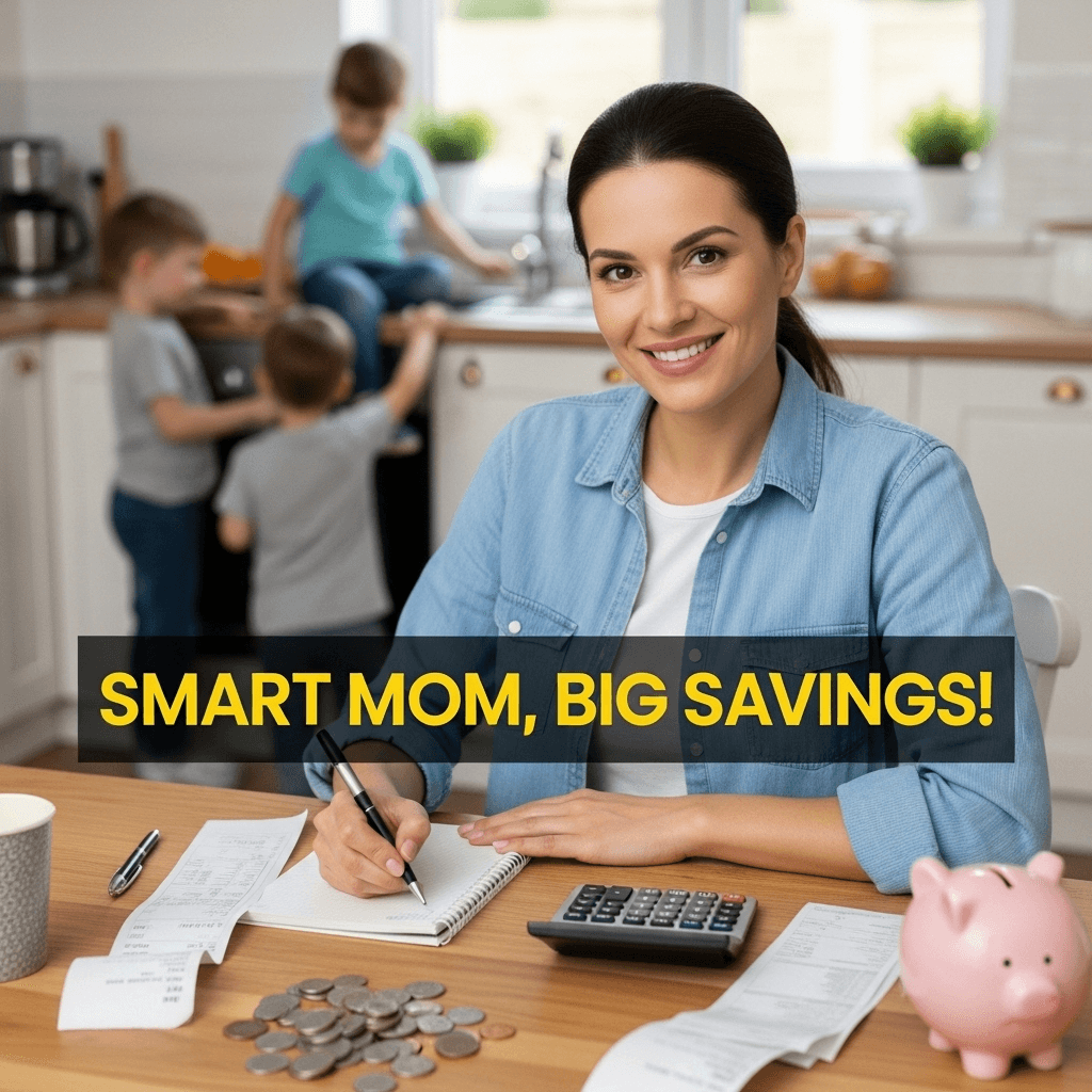 Mom budgeting at kitchen table with piggy bank and calculator